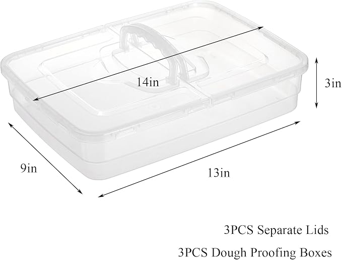 Lawei 3 Pack Pizza Dough Proofing Box, 14 x 10 Inch Dough Trays with Lid and Handle for Pizza, Stackable Pizza Bread Fermentation Storage Containers, Translucent Box with Cover Dough Tray, BPA Free