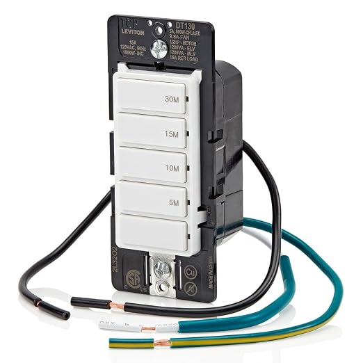 Leviton Countdown Timer Switch for Bathroom Fan and Household Lights,5-10-15-30 min,No Neutral Required,Single Pole,15A,1/2 HP/9.8A Fan/Motor,DT130-1LW,White,(Pack of 10)