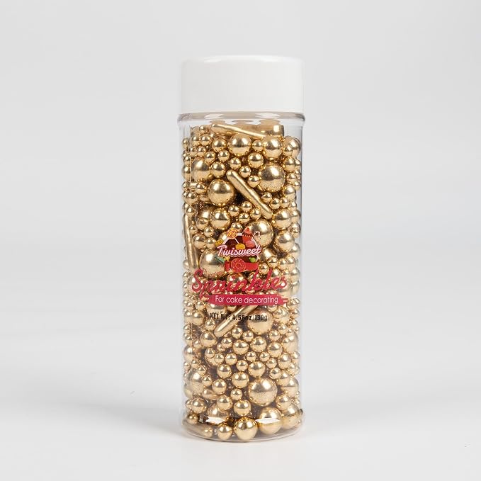 Twisweet Gold Pearl Rods Sprinkles, Edible Sugar Sprinkles for Cake Decorating Mix Size Candy Pearls for Baking Cake Topper Ice Cream Cupcake Cookie Dessert Decorations, Wedding Valentines Birthday Christmas Easter Mother's Day Supplies (130g/4.58oz)
