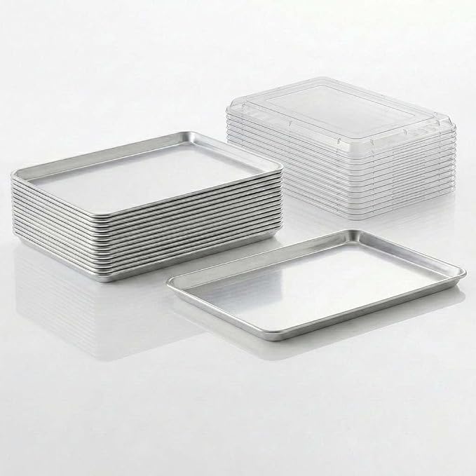 18" x 26" Commercial Aluminum Baking Sheet with Lid 12 Pack Snap-On Clear Cover, Tray Set
