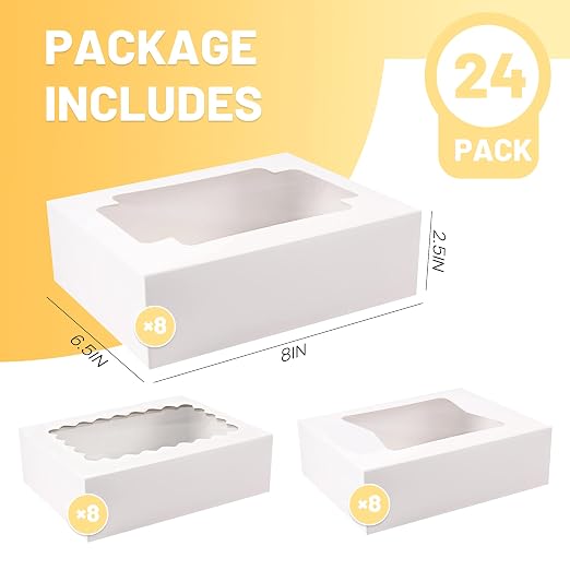 NPLUX Cookie Boxes Bakery Boxes with Window 8x6.5x2.5 Inches Auto-Popup Treat Pastry Boxes for Gift Giving, Graduation Gifts Party Favors(24pack,White)