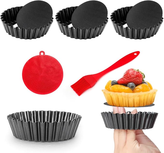 4 Pack 4 Inch Mini Tart Pans with Removable Bottom, 1.2 Inch Deep Nonstick Mini Pie Pans Quiche Pan Round, Tart Pans Bakeware Mold Fluted Side for Pies with Oil Brush&Silicone Scrubber
