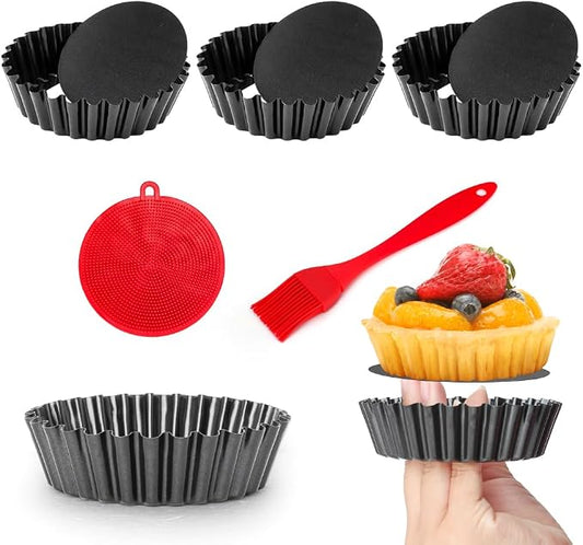 4 Pack 4 Inch Mini Tart Pans with Removable Bottom, 1.2 Inch Deep Nonstick Mini Pie Pans Quiche Pan Round, Tart Pans Bakeware Mold Fluted Side for Pies with Oil Brush&Silicone Scrubber