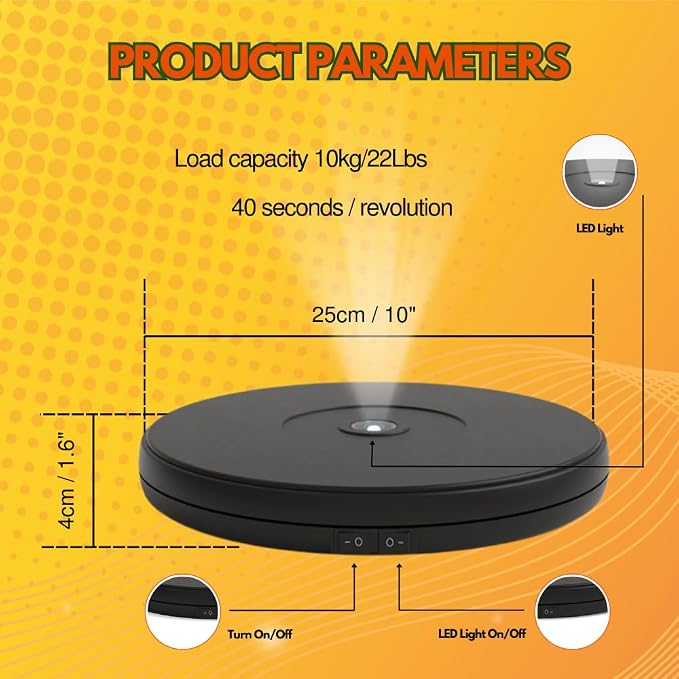 fotoconic Black Electric Motorized Rotating Turntable Display Stand with LED, 10 Inch / 25cm Diameter, 20 Lb Centric Loading for Shop Display