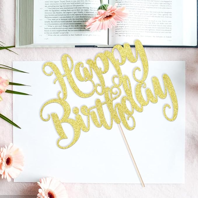 Happy Birthday Cake Topper- Glitter Happy Birthday Cake Decor, Handmade Anniversary/Birthday Party Supplies (Gold)