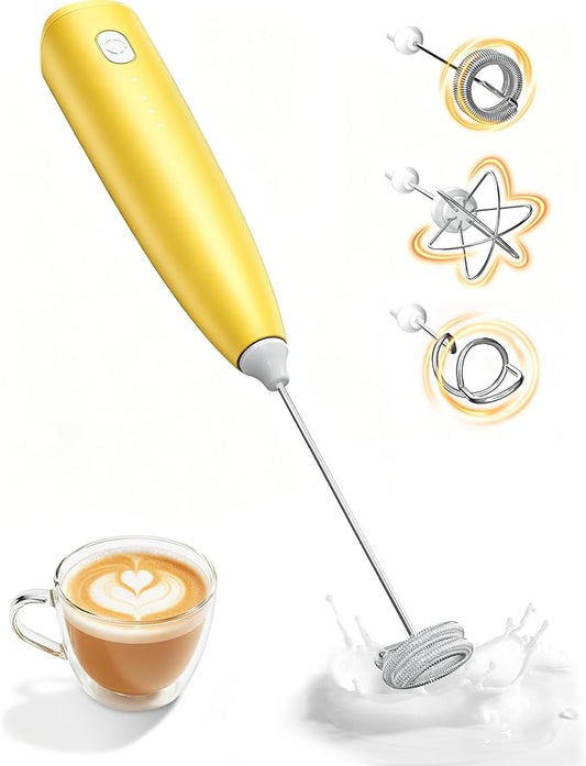 Milk Frother Handheld,Portable Electric Drink Mixer/Wand,Egg Whisk (Yellow) | USB C Rechargeable | 3 Adjustable Speeds | 3 Detachable Whisks | Quiet Operation | For Coffee, Latte, Matcha,protein powder