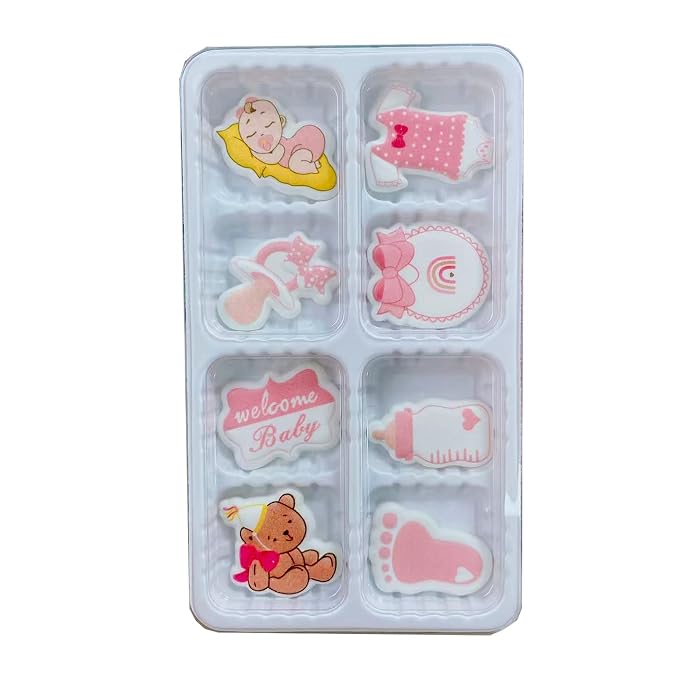 8 PCS Edible Pink Baby Girl Icing Cake Decoration Baby Showers Themed Candy Sprinkle Cupcake Topper Ice Cream Cookies Frosting Decoration
