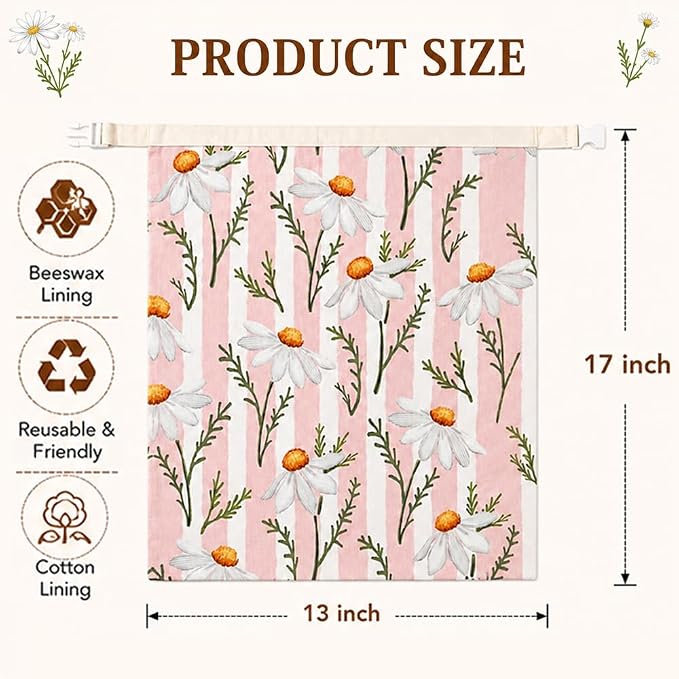 2 Pack Reusable Beeswax Bread Bags for Homemade Sourdough, Large Natural Beeswax Bread Bag 17"x13", Portable Lined Food Storage Floral Cloth Bags, Freezer Safe & Friendly, Keep Fresh