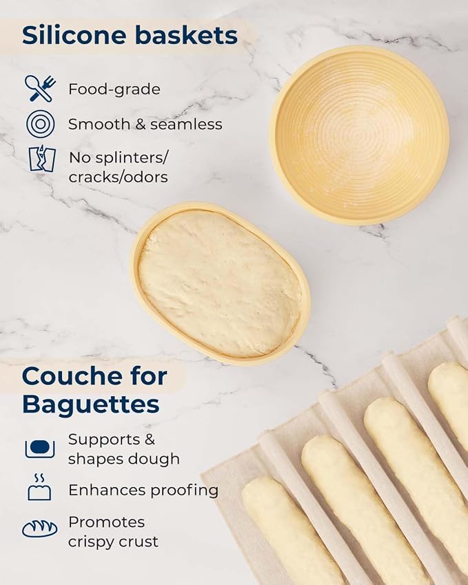 Lorzon Silicone Proofing Baskets with Sourdough Starter Jar Kit, 9" Round & 10" Oval Foldable Banneton Baskets, Sourdough Bread Baking Supplies