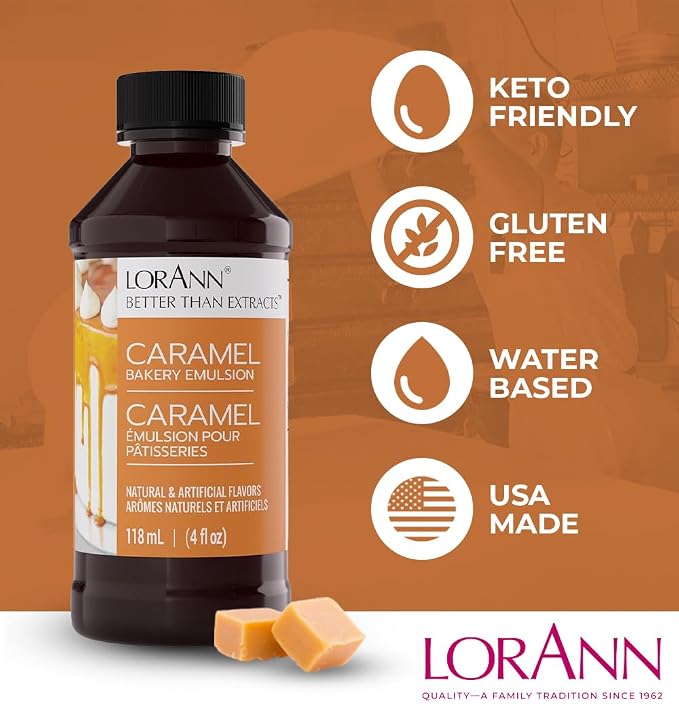 Lorann Oils Caramel Bakery Emulsion: Rich, Perfect for Boosting Sweet Caramel Notes in Cakes, Cookies & Desserts, Gluten-Free, Keto-Friendly, Extract Substitute Essential