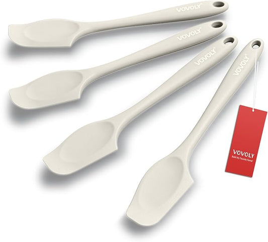 Silicone Mini Spatulas, Curved Small Spatula with Shallow Bowl for Kitchen, Seamless Jar Scraper for Cooking Baking, Wet Pet Food Spatula, 8.2 IN, 4 Pack, Khaki