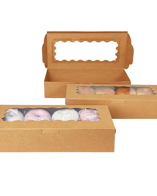 qiqee 12x5.5x2.5 Inch Brown Cookie Box with Window 15Pcs Pastry Macaron Bakery Box For Packaging