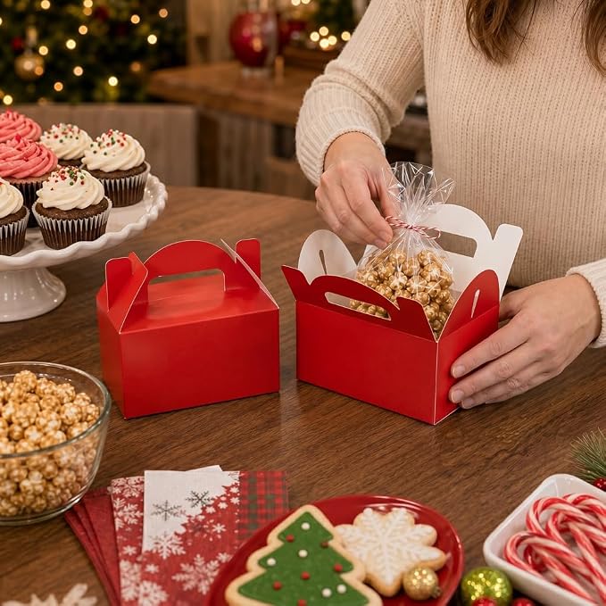 Aosric Small Red Gable Boxes 3.5 x 3.5 x 6.3 In, 30 Pack | Premium Cardstock Favor Boxes with Handles for Christmas, Valentine's Day, Holiday Parties, Candy, Cookies & Gift Packaging