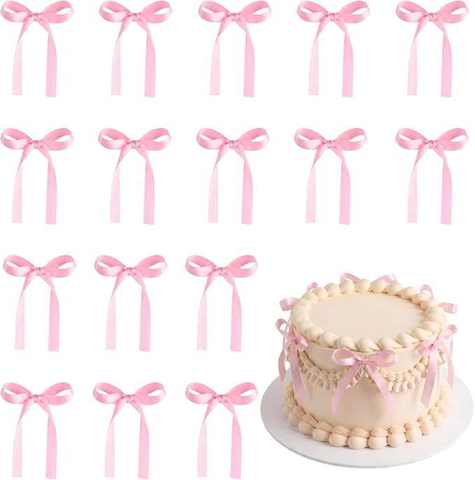 30 PCS Pink Bows for Cake Ribbon Bow Cake Topper Pink Bow Cupcake Toppers for Bridal Weddings Baby Shower Birthday Party Bachelorette Balloon Wall Decorations