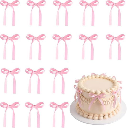 30 PCS Pink Bows for Cake Ribbon Bow Cake Topper Pink Bow Cupcake Toppers for Bridal Weddings Baby Shower Birthday Party Bachelorette Balloon Wall Decorations