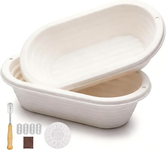 2 Pack Bread Proofing Baskets, 11" Oval Banneton Proofing Basket with Breathable Linen Liners and Bread Lame, Reusable Loaf Banneton Basket for Professional & Home Sourdough Bread Baking