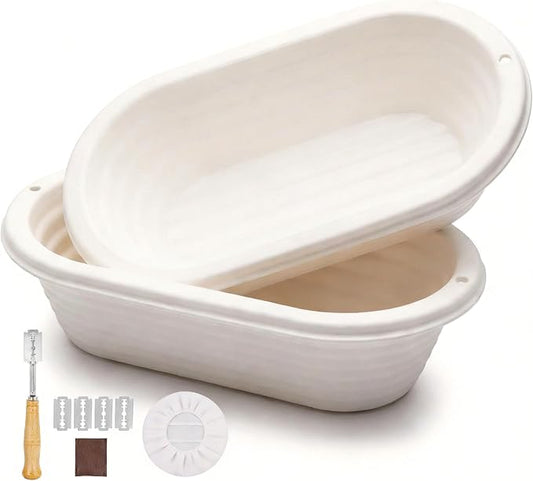 2 Pack Bread Proofing Baskets, 11" Oval Banneton Proofing Basket with Breathable Linen Liners and Bread Lame, Reusable Loaf Banneton Basket for Professional & Home Sourdough Bread Baking