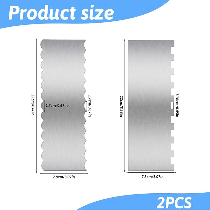 Stainless Steel Cake Scrapers, 2 Pcs Dual-Edged Icing Smoother and Striper Tool with 4 Style Patterned Comb, Professional Cake Decorating Tools for Buttercream, Fondant, Dough, Baking Supplies