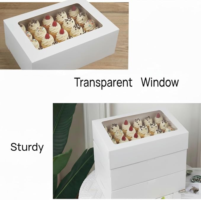 Mini Cupcake Box 6-Pack, Holds 24 Mini Cupcakes, CupCake Holder, Cake Carrier, Food Grade Pop-up Bakery Boxes, 14 x 10 x 4 inch with Inserts and Window Fits 24 Cupcakes Pack of 6.