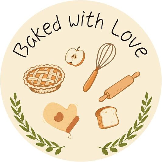 200PCS Baked with Love Stickers, 1.6 Inch Round Self-Adhesive Baking Labels, Bakery Tools Design Stickers for Homemade Bread Cookies Cake Boxes Goodie Bags Gift Wrapping