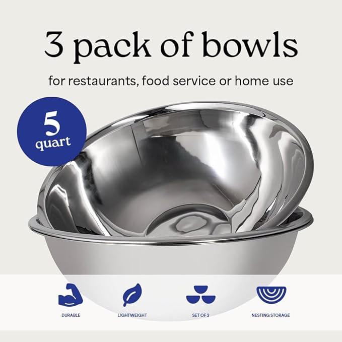 WHYSKO® Large Mixing Bowls, Set of 3 Stainless Steel 5 Quart Bowls for Restaurants, Food Service, Caterers and Home Kitchen Use, Rust Proof Bowls Great for Meal Prep, Baking, Serving, Food Storage