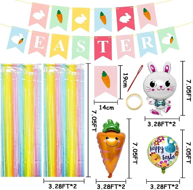 Pastel Balloons Arch Kit Double Stuffed Ma'ca'ron Balloons with Bunny, Carrot & Egg Foil Balloon Easter Banner and Colorful Fringe Curtain for Birthday Baby Shower Spring Pastel Party Decoration