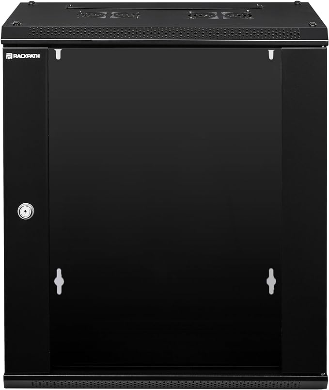 RackPath 12U Wall Mount Network Rack Cabinet – Quiet Cooling Fan, Locking Glass Door, 17.7" Deep (450mm), Removable Locking Side Panels, Fits 19" IT & A/V Equipment
