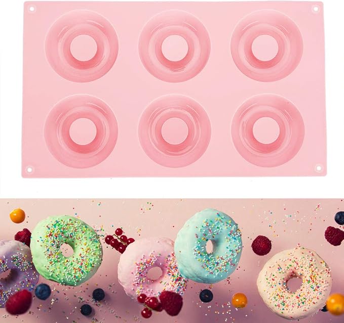 aqxreight 6 Cavity Silicone Donut Baking Pan Tray with Easy Release Reusable Biscuit Kitchen Tool for Cakes Donuts Candies Pink Blue Dessert Maker (Pink)