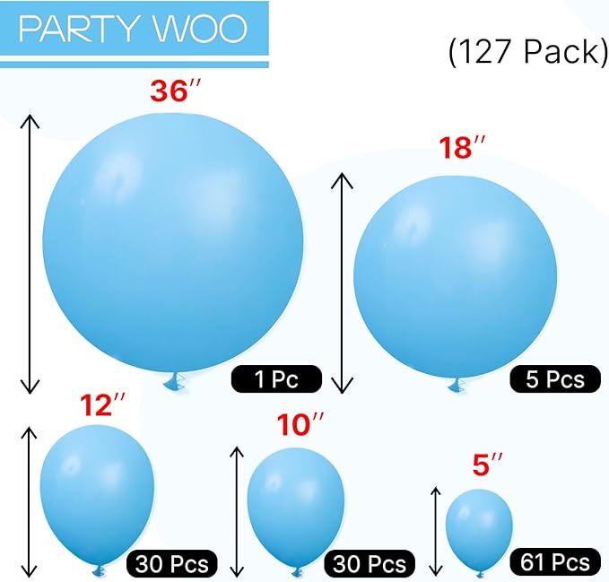 PartyWoo Light Blue Balloons 127pcs Different Sizes Pack of 36 18 12 10 5 Inch Baby Pastel Blue Balloon Arch Kit for Baby Shower Gender Reveal Graduation Mermaid Birthday Party Decorations Blue-Y20
