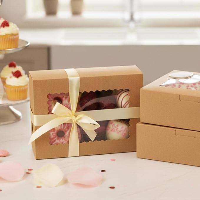 OAMCEG 30 Pack Cookie Boxes with Window, 8x6x2.5 Inch Bakery Treat Boxes for Christmas Holiday Gift Giving, Desserts, Donuts, Pastries-Brown