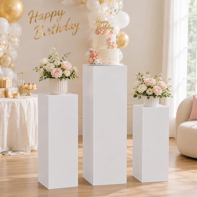 SwallowLiving 3PCS Metal White Display Pedestal Stand for Parties, Square Tall Pedestal Cake Stands Pillars for Wedding, Sculpture Display Stand Column Decoration