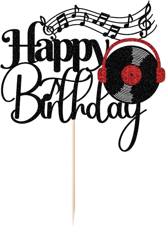 Black Glitter Record Happy Birthday Cake Topper，Music Lover Theme Birthday Party Supplies，Vinyl Retro Rock/CD Hip Hop Dancing Ball Party Decoration Supplies (music)