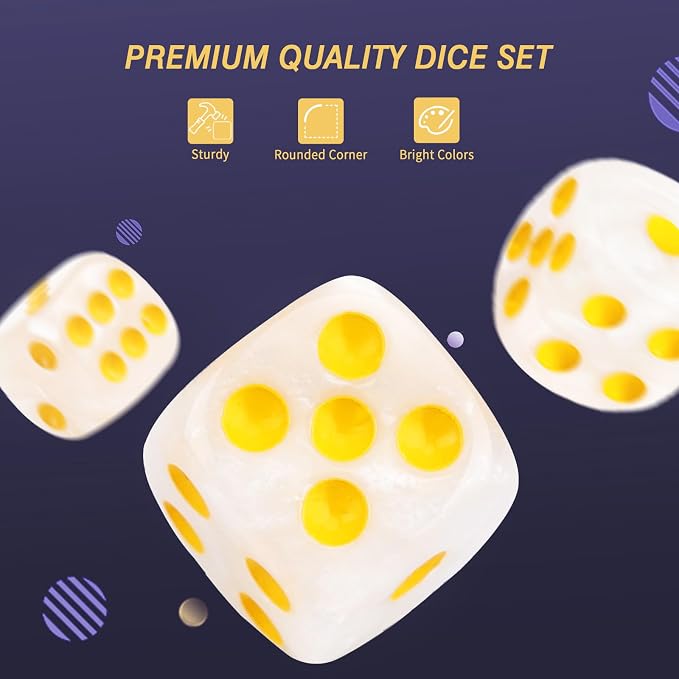 24 of Pack 16MM 6 Sided Dice Set,Pearl Pattern D6 Game Dice Set, 6 Sided Standard Dices for Yahtzee, Bunco or Teaching Math,with Portable Dice Pouch(White Pearl)