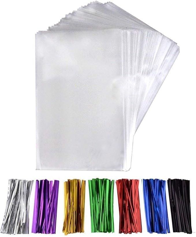 MoloTAR 200 Pcs 6 in x 4 in(1.4mil.) Clear Flat Cello Cellophane Treat Bags Good for Bakery, Cookies, Candies,Dessert with five random color Twist Ties