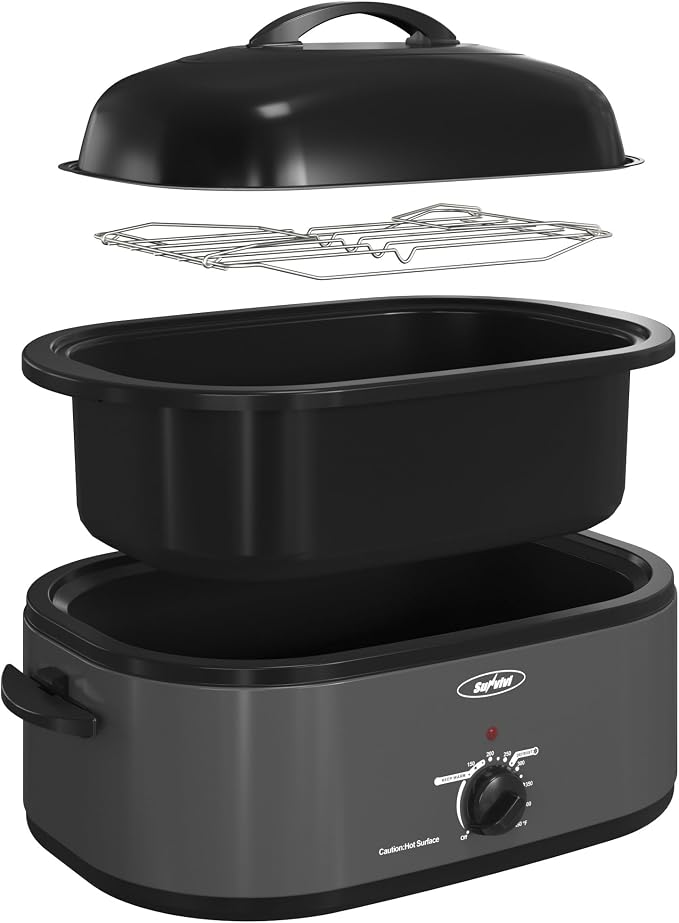 Sunvivi Roaster Oven with Self-Basting Lid,20 Quart Electric Roaster with Removable Pan & Rack,150-450°F Full-Range Temperature Control with Defrost/Warm Function,Stainless Steel,Grey