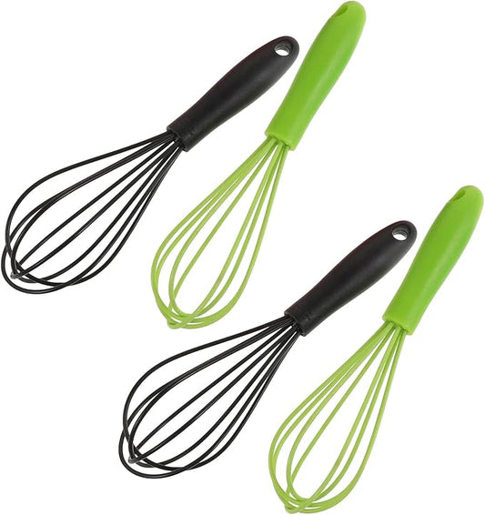 INOOMP 4pcs Mini Silicone Whisks 6-inch Stainless Steel Kitchen Egg Beater Handheld Mixing Tools for Cooking Baking with Colored Silicone Coated Wires Black and Green