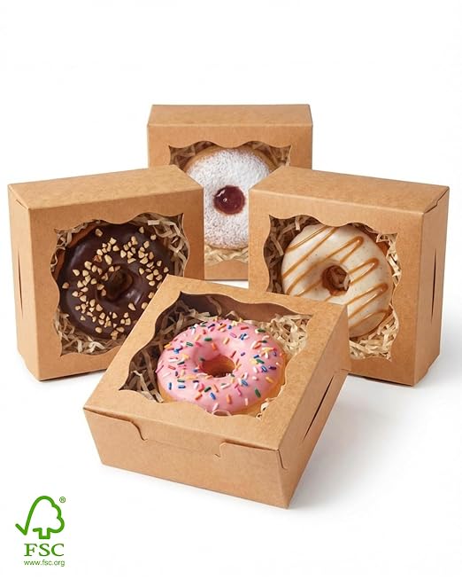 qiqee 400Pcs Brown Bakery Box with Window 4"x4"x2.5" Macaron Boxes Small Donut Pastry Boxes for Party Mini Cookie Boxes