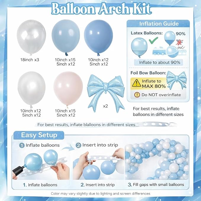 Dusty Blue Balloon Garland Arch Kit, 107PCS Dusty Fog Blue and White Balloons with Bow Balloon Decor for Coquette Birthday Baby Bridal Shower Wedding Party Decorations
