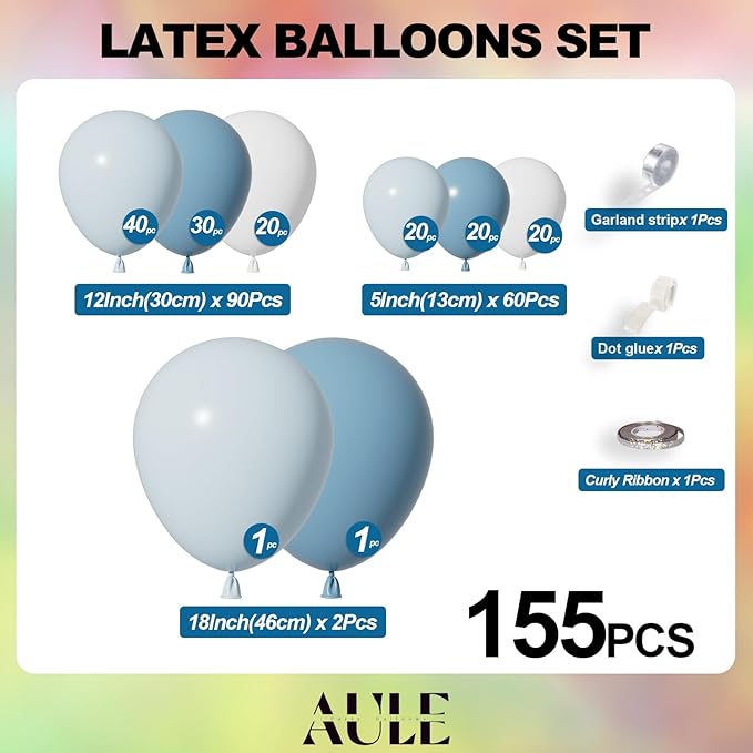 AULE Blue Balloon Arch Kit 155Pcs Dusty Macaron Blue White Balloons Garland for Birthday Graduation Anniversary Gender Reveal Baby Shower Theme Party Decoration
