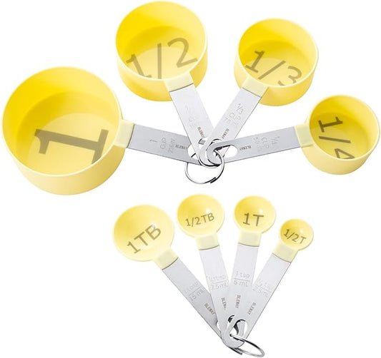 Easy to Read Measuring Cups & Spoons Set for Visually Impaired, Stackable Cups and Spoons, Nesting Measure Cups with Stainless Steel Handle (Yellow)