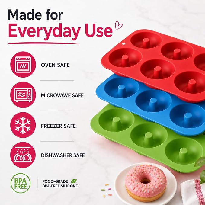 Silicone Donut Mold, 6 Cavity Non-Stick Doughnut Baking Pan – Food-Grade BPA-Free Flexible Silicone, Pops Out Easily, Oven Microwave Freezer & Dishwasher Safe (Donuts (3PK))