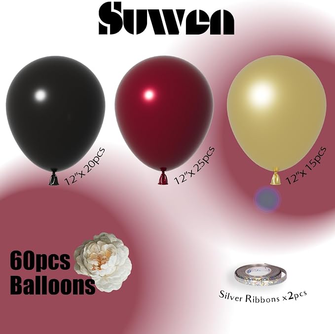 SUWEN Maroon and Gold Balloons, 60Pcs 12inch Burgundy Metallic Gold and Black Latex Balloons Kit for Birthday Graduation Anniversary Party Decoration