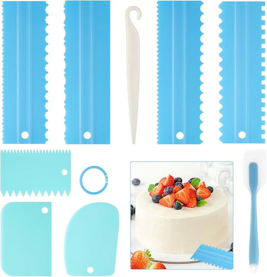 9PCS Cake Scraper Set with Cake Scraper Smoother Set, Adjustable Icing Scraper Polisher Tool, Cake Decorating Comb, Icing Smoother Plastic Sawtooth,Cake Icing Kitchen Baking Cake Edge(Blue)