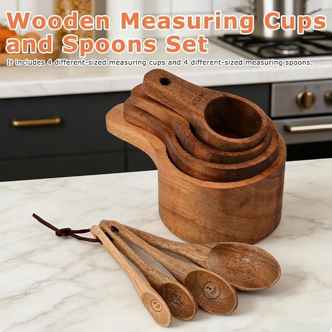 8-Piece Wooden Measuring Cups and Spoons Set, Laser-Engraved, Nesting Design, Measuring Spoons for Dry Ingredients, Kitchen Gadgets for Cooking and Baking