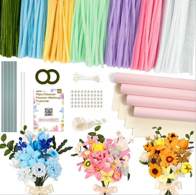 Caydo 700 Pieces Pipe Cleaner Flower Kit with Bouquet Making Accessories, Macaron Colorful Craft Chenille Stems Bulk for Flowers Making and Home Decor