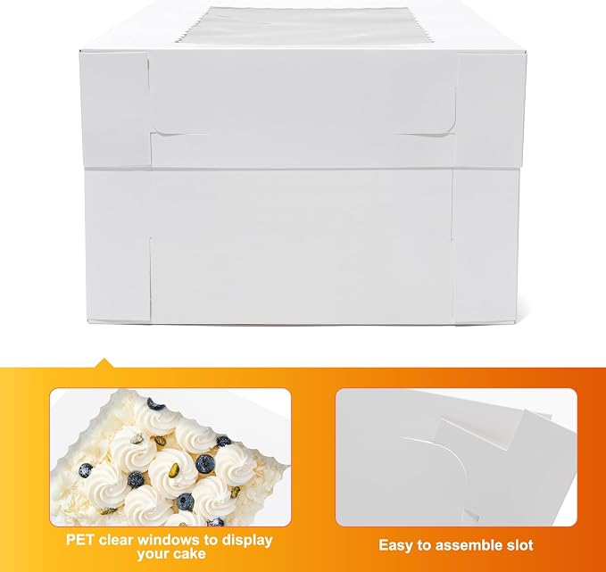 Wowxyz 12pcs 14x10x6.5 Cake Boxes Rectangle Quarter Sheet 1/4 Sheet Bakery Boxes with Window - Donuts, Pastry Baking Cake, Pie White Cardboard Treat Packaging