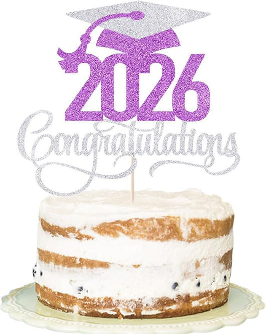 Silver Purple 2026 Congratulations Graduation Cake Topper,Congrats Grad Cake Decor - 2026 High School/College/Senior Graduation Party Decorations Supplies
