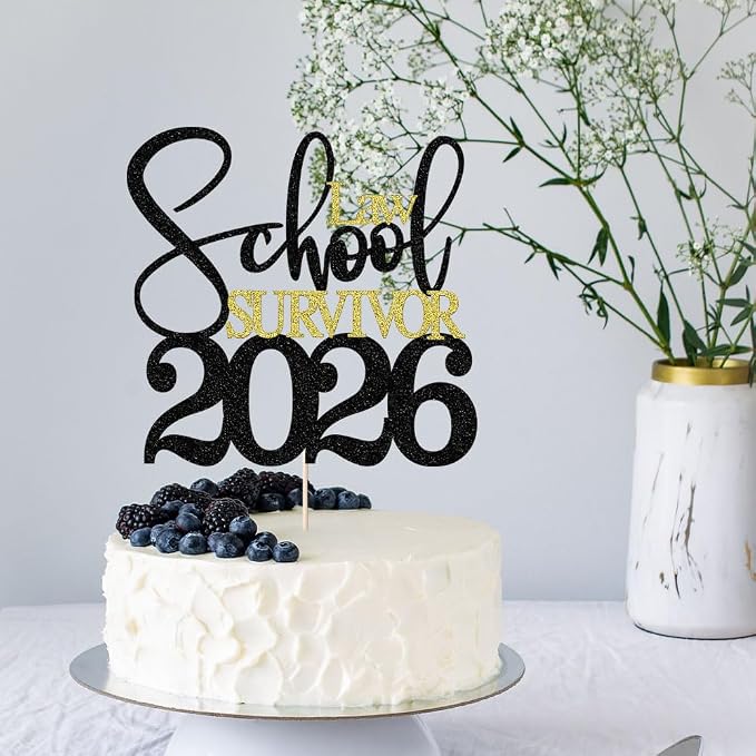 Black Gold Glitter Law School Survivor 2026 Cake Topper, Congrats Lawyer Cake Decoration, 2026 Law School Graduation Party Supplies