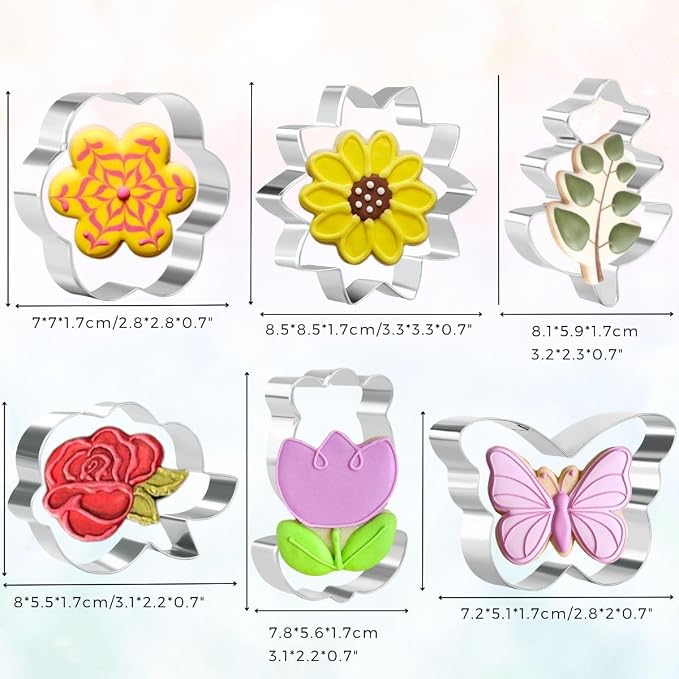 Crethinkaty 6 Pieces Spring Cookie Cutters Set for Baking - Tulips, Leaves, Flowers, Sunflowers, Rose and Butterfly Shape Stainless Steel Biscuit Cutter for Springtime, Easter