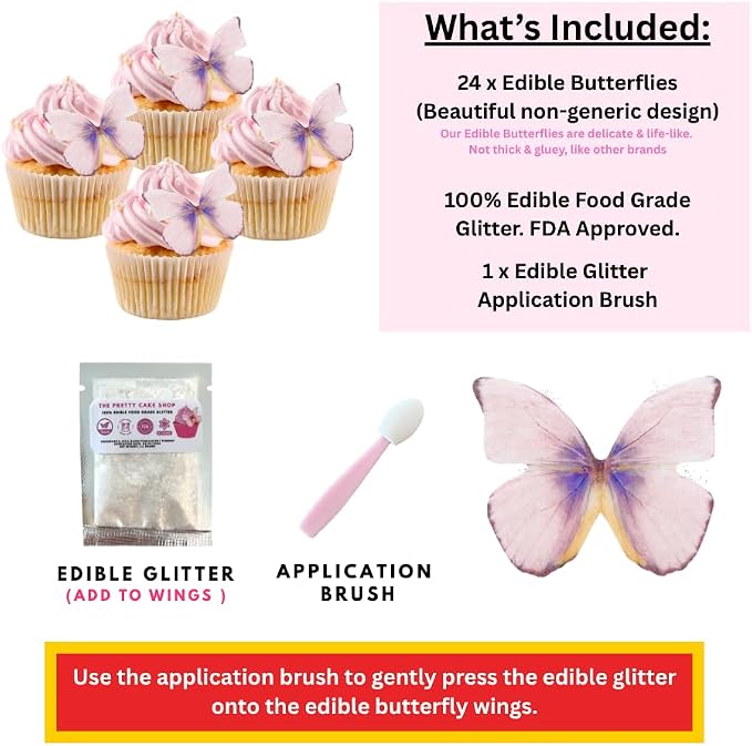 Edible Butterflies with Edible Glitter Kit - Wafer Paper Butterflies for Cakes - Cake Decorations - Cupcake Decorations - Cake Toppers (Pretty Pansy)